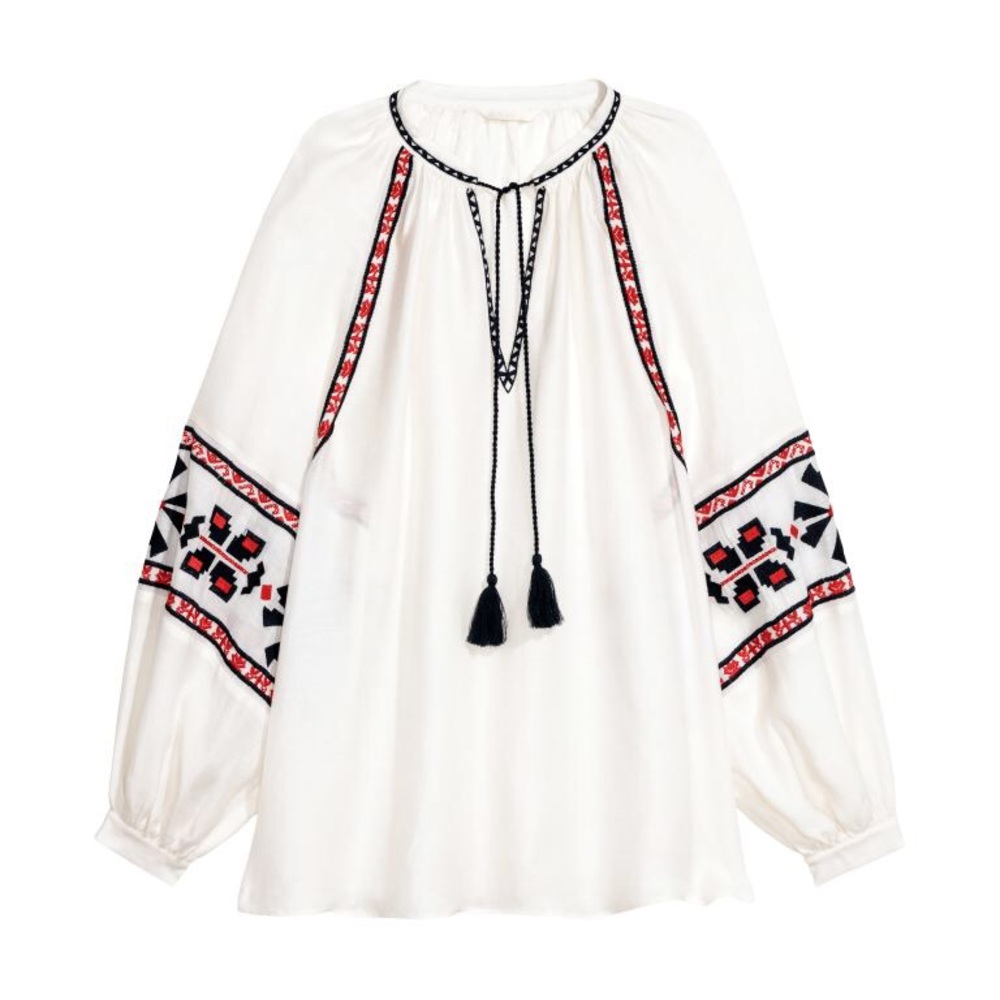 H&M Embroidered White Peasant Top